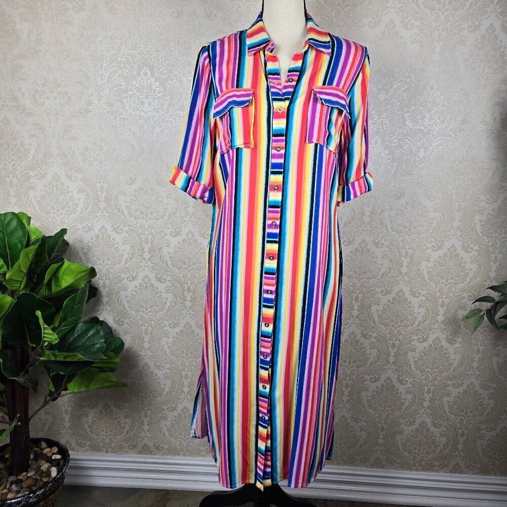 C Size Small Midi Length Multi Color Striped Dress Pockets Belt Button Front